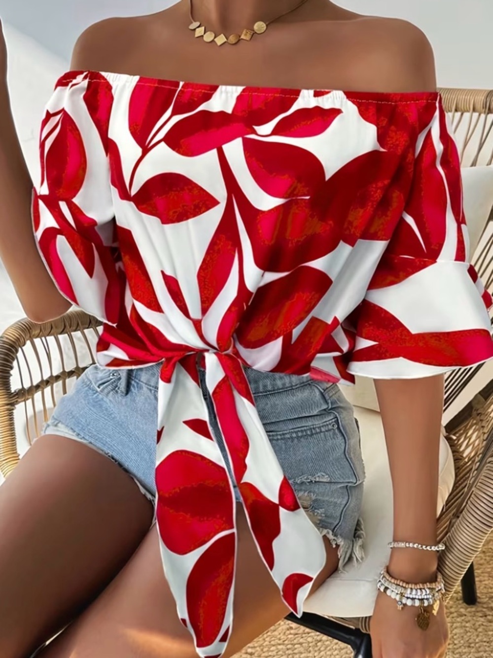 🪭Off-Shoulder Red Leaf Tie-Front Top🪭